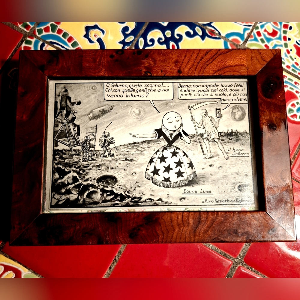 Apollo 11 July 20, 1969 Italian Post Card Signed Remo Farraris Donna Luna Framed